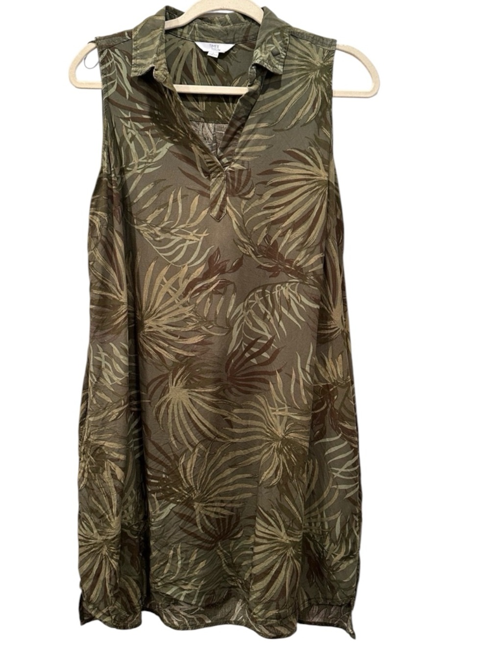 Sleeveless Green Tropical Print V Neck Dress Lightweight Vacation Cruise Lg.